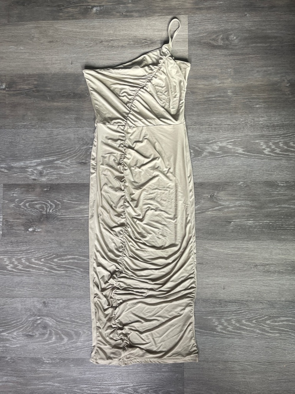 Public Desire One-Shoulder Ruched Maxi Dress in Light Taupe